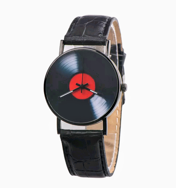 lot 248 image: COOL  Retro Vinyl Record  Faux Black Leather  Analog Quartz Wrist Watch  NEW 