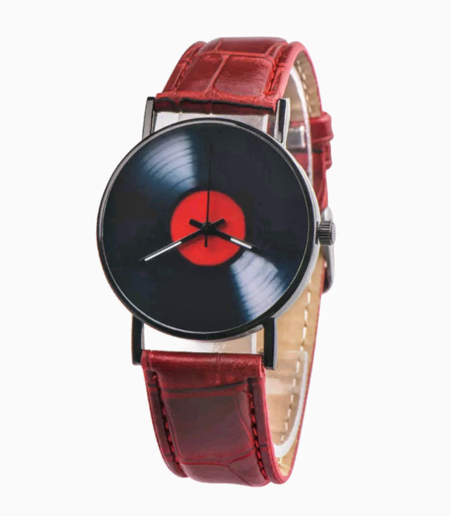 lot 247 image: COOL  Retro Vinyl Record  Faux Red Leather  Analog Quartz Wrist Watch  NEW 