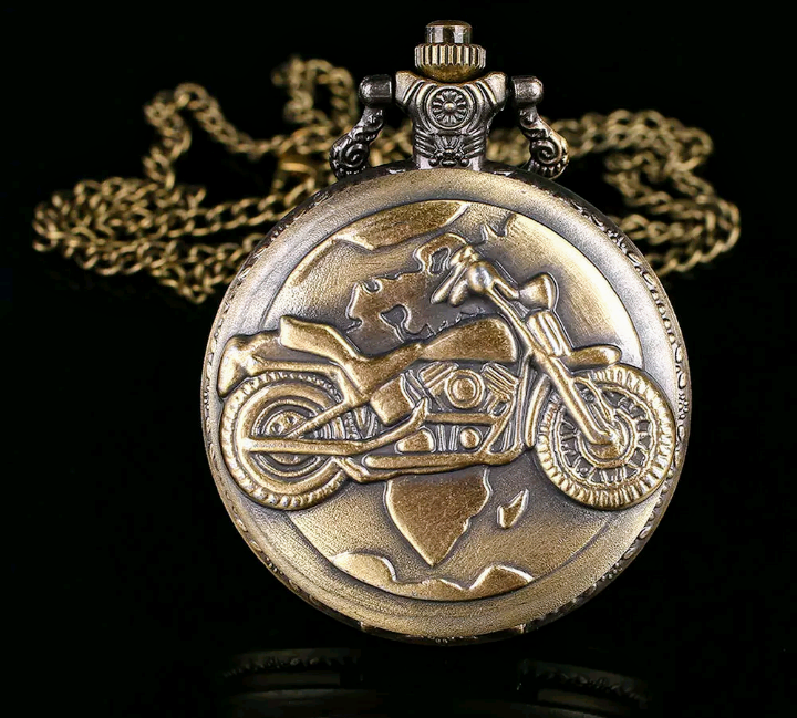 lot 256 image: NEW  Antiqued Motorcycle Pocket Watch with 32 Chain
