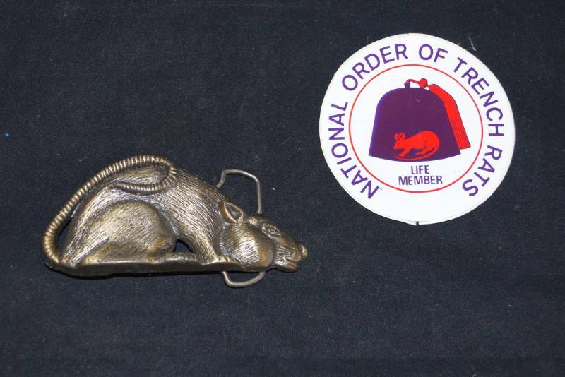 lot 240 image: National Order Of Trench Rats- Belt Buckle and Sticker-  Veterans Society