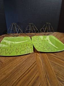lot 120 image: Green City-Print Square Plates and Metal Wire Cage Light Shades Set