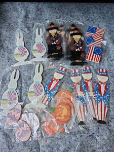 lot 212 image: Holiday Decorative Figurines Lot Witch Snowman Bunny Flags Pumpkin