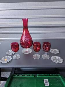 lot 223 image: Red Glass Decanter and Goblet Set with Grape Motif and Coasters