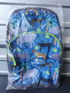 lot 225 image: Childrens Backpack Blue Animal Print with Neon Green Straps