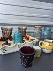 lot 247 image: Glassware Lot 2 Goblets 2 Canning Jars Decorative Items
