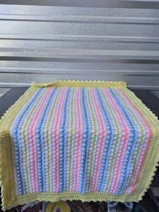 lot 248 image: Crocheted Baby Blanket Throw Yellow Pink Blue Striped