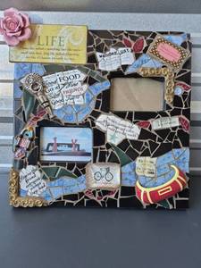 lot 250 image: Handmade Decorative Mosaic Frame with Photo Openings and Embellishments