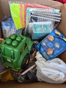 lot 261 image: Mixed Lot Box �� Toys, Party Supplies, Notebooks, Napkins �� Hot Wheels, Hallmark, Rudolph