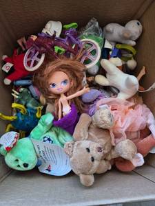 lot 263 image: Toy Lot Dolls Plush Animals Accessories Bicycle Mixed Items