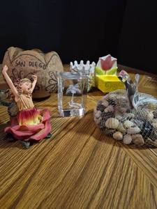 lot 282 image: Decorative Figurine and Novelty Lot 5 Pieces Fairy Figurine Crystal Block Coconut Shell Candle Holders Shells