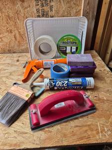 lot 284 image: Paint Supply Kit Brushes Tape Sanding Blocks Roller Frame Caulk