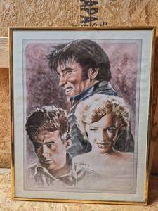 lot 293 image: Framed Portrait Print Three Figures - Elvis, Marilyn Monroe, James Dean