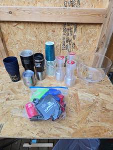 lot 314 image: Drinkware and Cup Lot with Tumblers, Travel Mugs, Plastic Cups and Plastic Punch Bowl