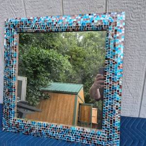 lot 400 image: Mosaic Tile Mirror with Blue Brown White Tiles - 24 x 24