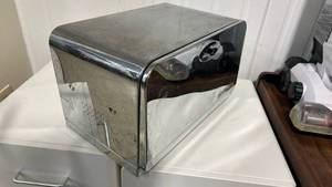 lot 259 image: Metal Bread Box with Roll-Top Lid and Cutting Board Base
