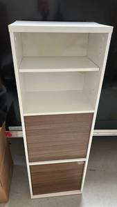 lot 260 image: White Storage Cabinet with Wood Grain Doors 2 Shelves Open Shelving