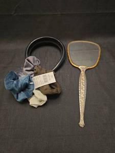 lot 1312 image: Hand Mirror with Ornate Metal Handle and Floral Decorated Glass