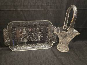 lot 1316 image: Glass Serving Tray with Handle and Basket Floral Relief Design
