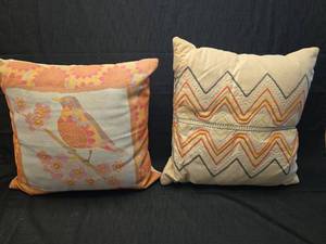 lot 2138 image: Lot of 2 Decorative Throw Pillows with Embroidered Chevron and Bird Floral Patterns
