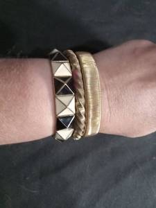 lot 60326 image: Two Metal Bracelets with Pyramid Studs and Textured Band