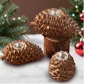 lot 17616 image: Ayieyill Christmas Pine Cone Candle Holders, Set of 3