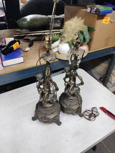 lot 58431 image: Antique Bronze Cherub Table Lamps - No Shade