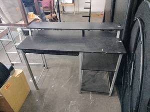 lot 63012 image: Black Computer Desk with Pull Out Keyboard Drawer and Storage Shelves