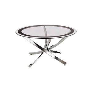 lot 63023 image: Benjara Round Tempered Glass Top Coffee Table with Metal Legs, Silver and Clear