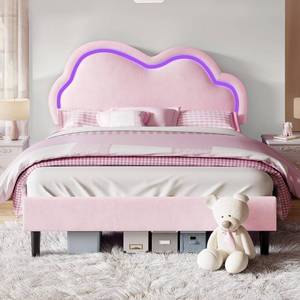lot 63067 image: Jocisland Full Bed Frame for Girls with Adjustable Cloud Headboard, Velvet Upholstered & RGB Lights, 7.1 Underbed Storage, No Box Spring Needed, Pink