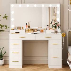 Tomnk woo Makeup Vanity Desk with Lighted Mirror, 6 Drawers, Cabinet, Outlet, 3 Color Modes