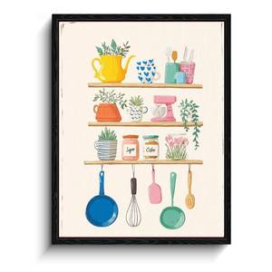 lot 124 image: Kitchen Shelf Wall Art, cozy kitchen shelves, whimsical wall decor, matte finish framed canvas print, coffee bar poster artwork, for kitchen coffee bar gift, 12x15 inch