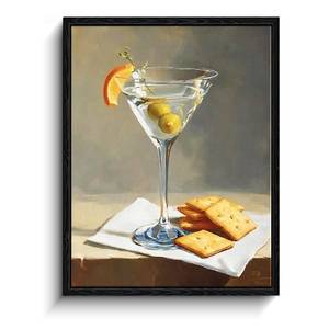 lot 129 image: Martini Cocktail & Cookies Wall Art, olive martini, modern still life wall decor, laminated framed canvas print, cocktail poster, for kitchen bar gift, 12x15 inch