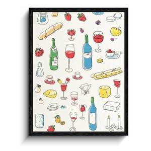 lot 130 image: Wine & Cheese Wall Art, whimsical wine doodles, kitchen wall decor, matte framed canvas print, kitchen poster artwork, for dining room housewarming gift, 12x15 inch