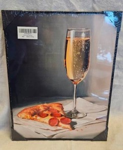 lot 131 image: Pizza & Champagne Wall Art, pepperoni slice, kitchen bar wall decor, laminated framed canvas print, foodie poster, for kitchen bar gift, 12x15 inch