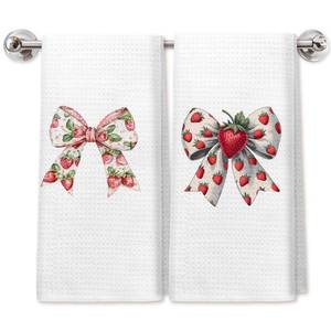 lot 152 image: PIUD Coquette Strawberry Bow Kitchen Dish Towels Set of 2, Preppy Girly Strawberry Aesthetic Hand Towels for Bathroom Decor, Fruit Kitchen Bathroom Decor, 16x24 Inch