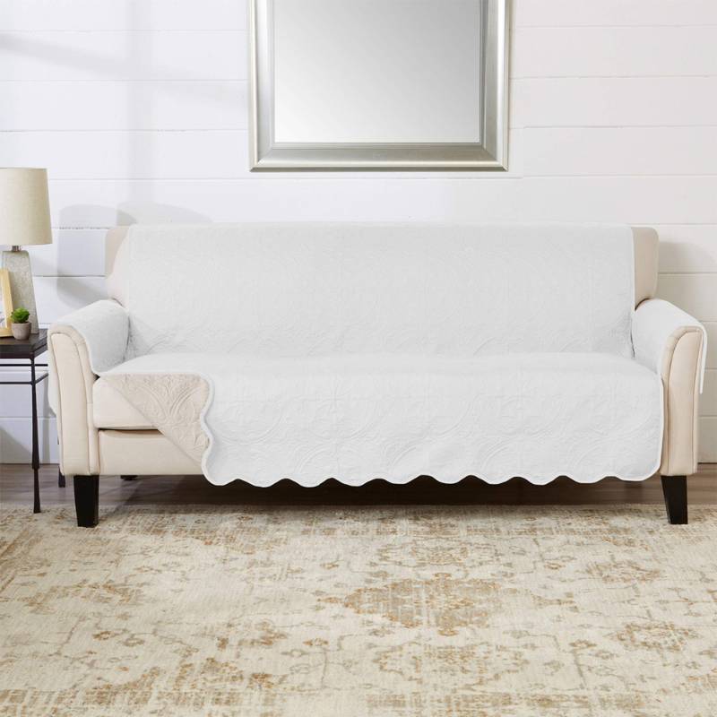 lot 4507 image: Great Bay Home Reversible Sofa Cover - Washable Slipcover Furniture Protector with Elastic Straps - Perfect for Kids &amp Pets - Quilted &amp Stitched Detail (WhiteSand)