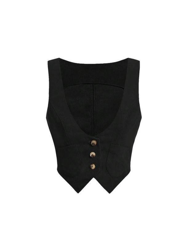 lot 7316 image:  Verdusa Womens Button Front Scoop Neck Sleeveless Patch Pocket Crop Vest Blazer Jacket Black Large