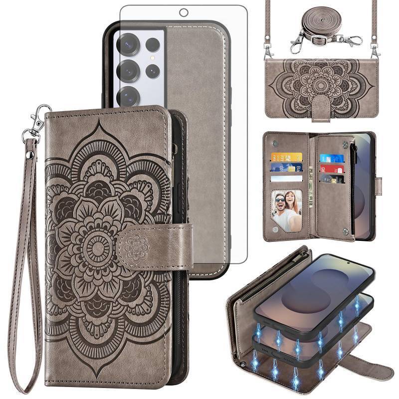 lot 7618 image:  Phone Case for Samsung Galaxy S25 Ultra 5G Zipper Wallet Cell Cover with Tempered Glass Screen Protector Crossbody Lanyard Strap Flower Card Holder S25Ultra 25S S 25 25Ultra 6.9 2025 Women Girls Gray