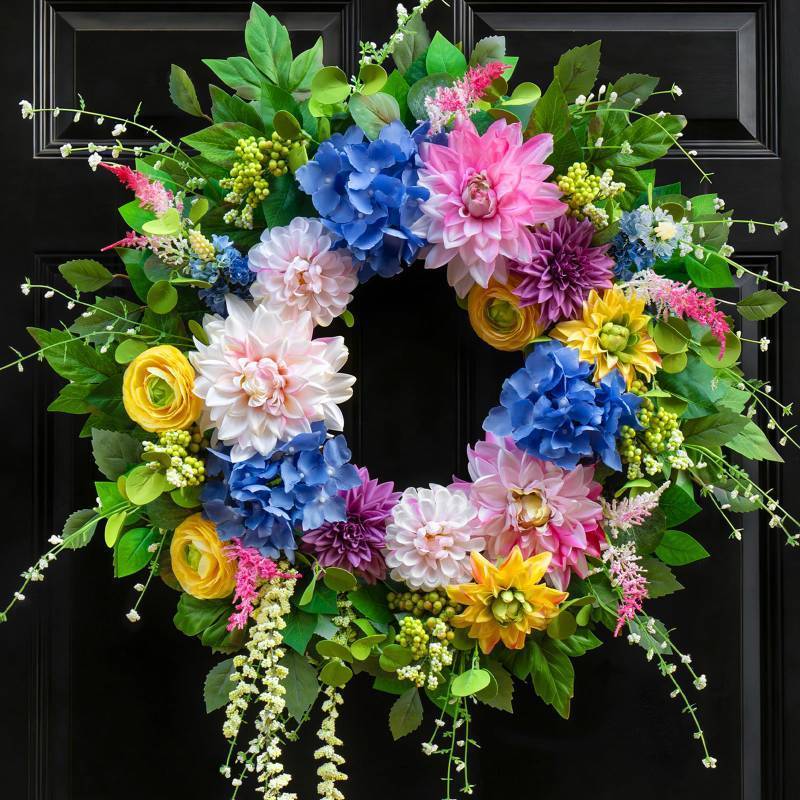 lot 8562 image:  Spring and Summer Wreaths for Front Door 24 Inch Summer Wreath with Vibrant Dahlia, Gerbera Daisy &amp Primula Floral Arrangement - All Seasons Summer &amp Spring Door Wreath