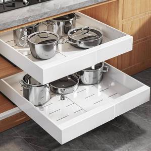 lot 6000 image: 2Pack Expandable Pull Out Cabinet Organizer 21Deep With Raising Pad for Framed Cabinets, Upgrade 3 Slide Rails Slide Out Drawers, Roll Out Shelves Adhesive,Adjustable Width 12.05-20.4White