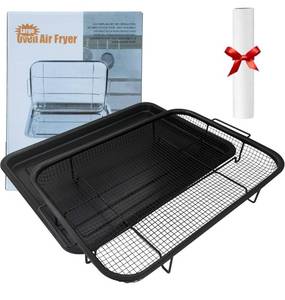 lot 6001 image: Air Fryer Basket for Oven, Extra Large 18.8 x 12.8 Stainless Steel Tray Set, Black Crisper Pan with 50 Pcs Parchment Papers for Healthy Cooking, Baking & Broiling