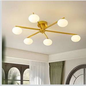 lot 6007 image: Modern Semi-Flush Mount Ceiling Light with 6 Opal Glass Shades, 39 Gold Sputnik Chandelier,Mid-Century Vintage Style, Ideal for Living Room, Dining Room, Bedroom, Cafe & Hotel