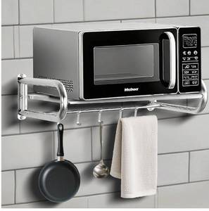 lot 6011 image: Microwave Shelf Wall Mount,Microwave Wall Shelf with 5 Hooks and 2 Guardrails Wall-Mounted, For Small Microwave to Load Capacity 30kg (Metallic silver)