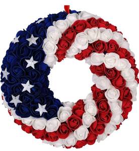 lot 6012 image: July 4th Patriotic Americana Wreath Boxwood Handcrafted Memorial Day Wreath Festival Garland Decoration Front Door Wall Home Decor