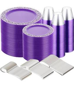 lot 6014 image: Purple 600 Pcs Plastic Plate Dinnerware Set for 100 Guests Including Silver Rimmed Plates, Salad Plates, Silverware Set and Plastic Cups for Party Wedding Birthday