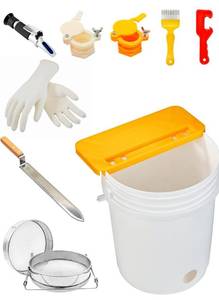 lot 6020 image: 10PCS Honey Harvesting Beekeeping Tool Kit, 5 Gallon Bucket with Gate50 Pairs Gloves, 58-90% Brix Scale Range Honey Moisture Tester, Honey Pail Kit Gate Strainer Uncapping Knife Scraper