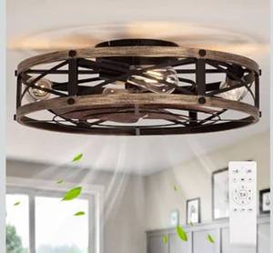 lot 6032 image: 22 Farmhouse Ceiling Fan with Light, Rustic Caged Bladeless Low Profile Ceiling Fans with Lights and Remote, Modern Flush Mount Ceiling Fans with Lights