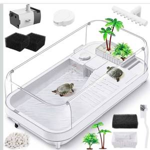 lot 6038 image: Large Turtle Tank with Water Pump, Acrylic Turtle Tank Starter Kit with Heightened and Curved Fences, Multi-Function Areas, Bottom Drainage