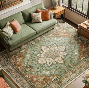 lot 6039 image: RELEANY Area Rugs 8x10 Washable Non-Slip, Floral Vintage Distress Medallion Carpet for Living Room Bedroom Dining Room, Terracotta Burnt Orange Green