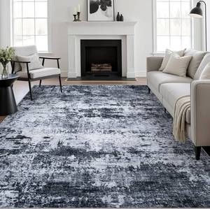 lot 6042 image: 8x10 Area Rug Living Room Rug Washable Modern Abstract Soft Thin Rug Indoor Floor No Slip Stain Resistant Carpet for Bedroom Dining Room Farmhouse Nursery Home Office - Black